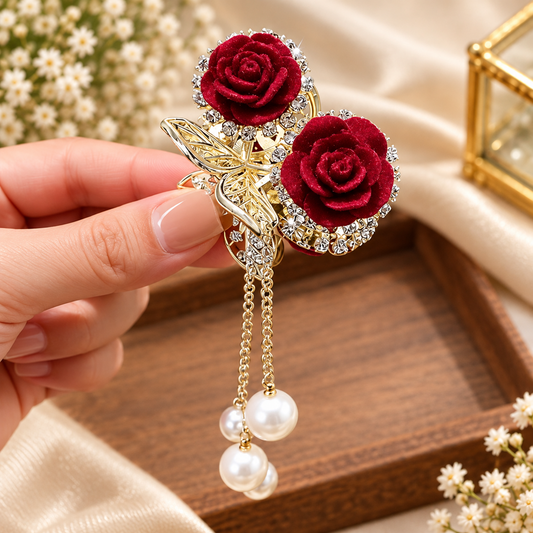Red Rose Pearl Hair Claw Pack of 12 Pcs – Premium Designer Hair Accessory | Wholesale Price ₹717.12 per Dozen