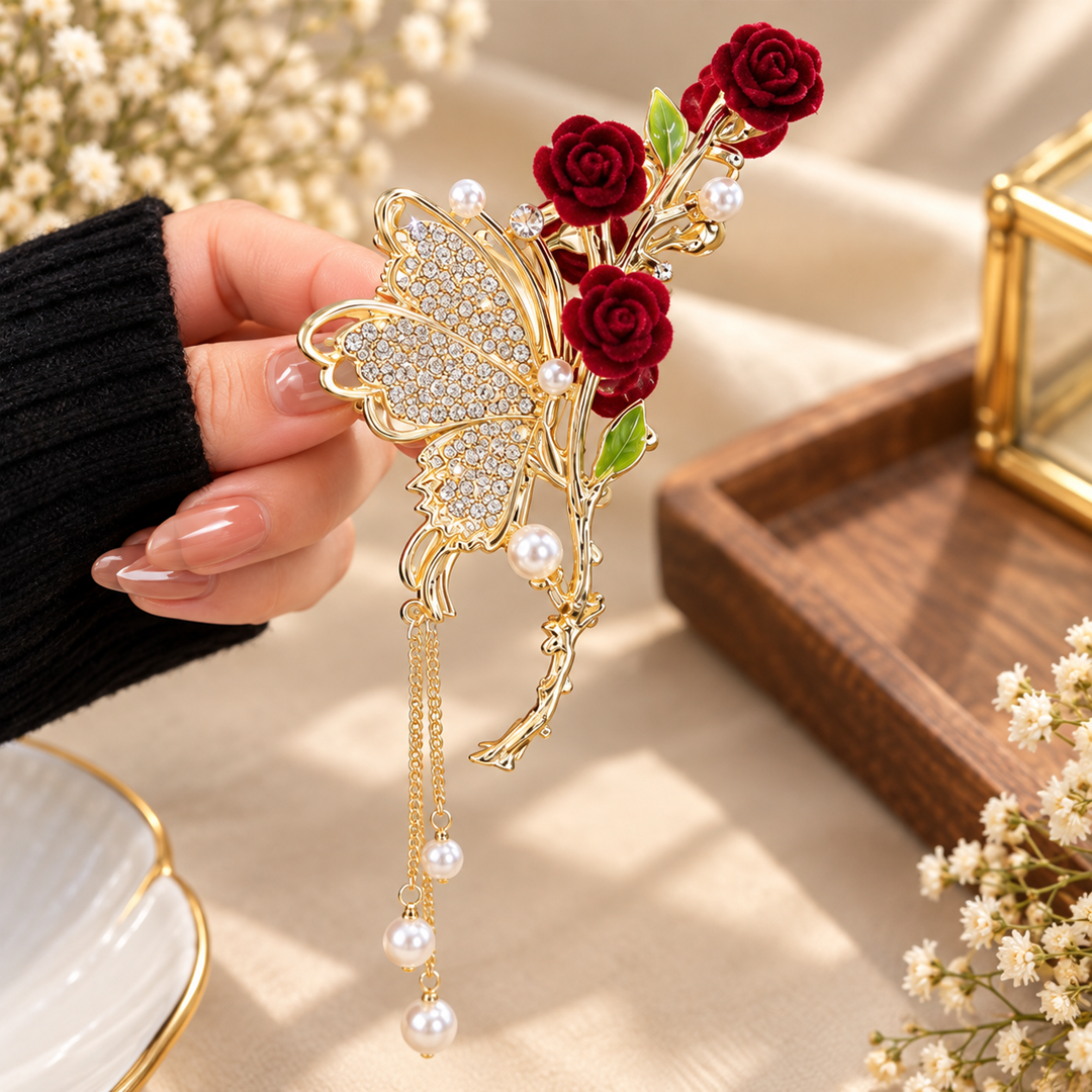 Red Rose Butterfly Hair Claw Pack of 12 Pcs – Premium Designer Hair Accessory | Wholesale Price ₹1434.24 per Dozen